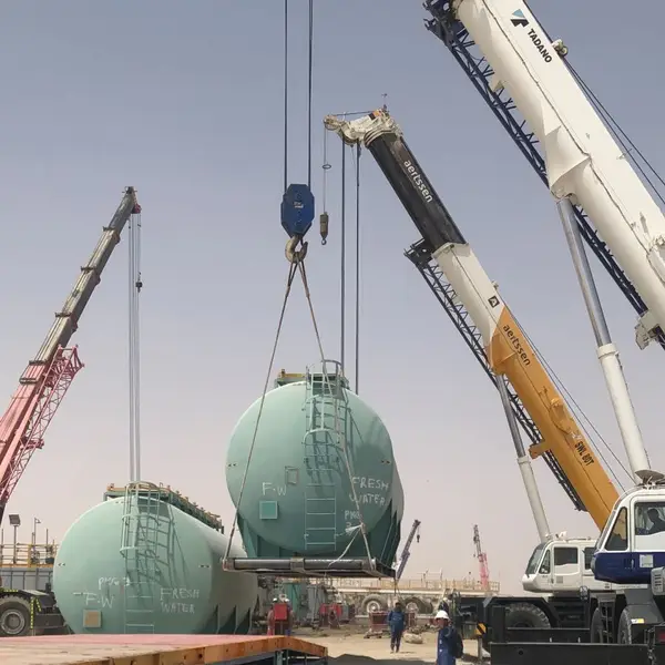 Mobile cranes setting fresh-water tanks at a desert camp
